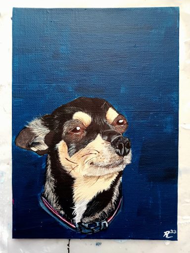 Painting of a black and tan chihuahua with its ears down and a slight grin. the background is dark blue.