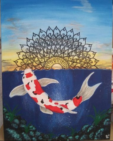 A painting of an orange and white koi fish with a sunset and half of a mandala overlapping the sunset